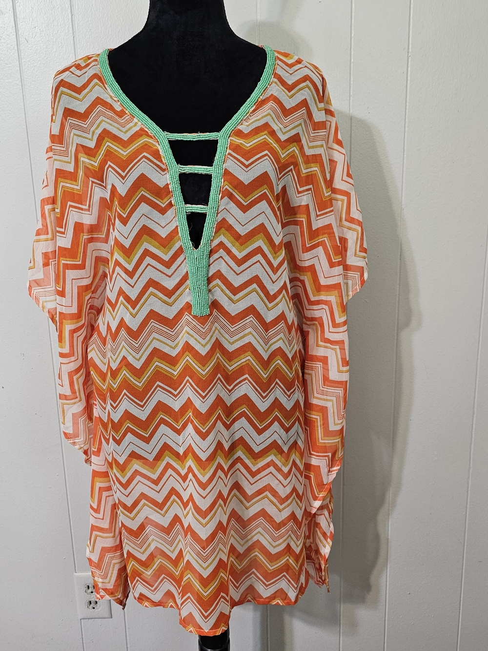 Club Z Collection Swim Cover Up L/XL Orange Chevron Sheer Beach Kaftan
